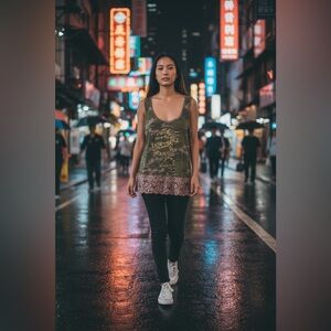 M-Fasis Camo Tank Top with Dragon Embroidery and Lace Hem-NWOT